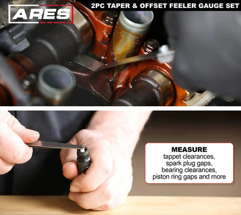 Two Piece Tapered And Offset Feeler Gauge Set With 32 Dual Marked SAE And Metric Blades And 16 Offset Dual Marked Blades For Tight Spaces To Precisely Measure Mechanical Clearances In Automotive And Machine Shop Jobs Pro Grade shown being used on engine parts and for measuring spark plug gap.