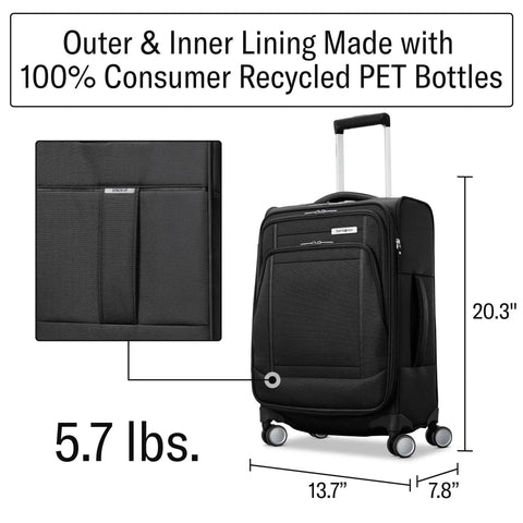 Image of Ultra Light Expandable Softside Carry On With Spinner Wheels For Airline Travel, Eco Friendly Recycled PET Fabric, 5.7 Lb Lightweight Luggage That Fits Overhead, Meets Carry On Size, Black By Samsonite UpLIFT, showing dimensions and eco-friendly materials.