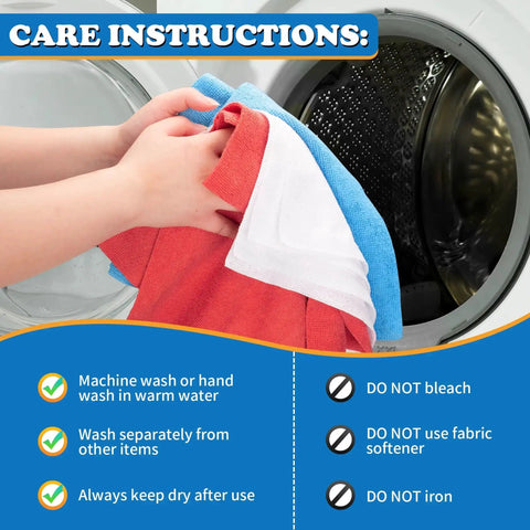Ultra Absorbent Microfiber Cleaning Cloths Pack Of 12 For Cars And Home being put in washer with care instructions