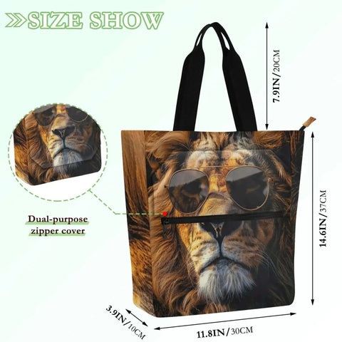 Cool Lion Canvas Tote Bag For Women And Gals With Compartments Water Resistant Exterior with lion design, front view