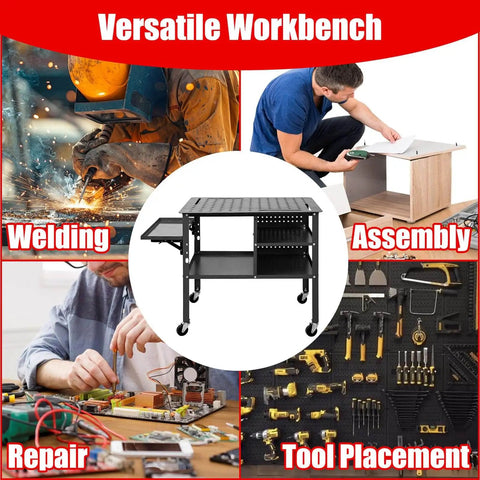 36 Inch By 24 Inch Beefy Heavy Duty Welding Table On Wheels With 1200 Pound Capacity Mobile Steel Workbench With Adjustable Shelves Fold Down Side Tray Large Lower Storage Tray For Shop Or Garage