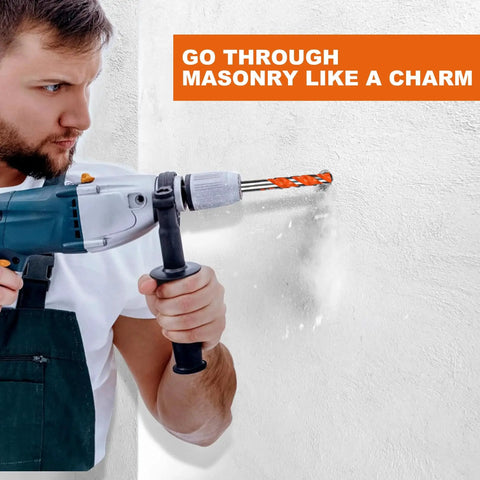Man using drill with Durable Concrete Drill Bit Set With Carbide Hex Shanks For Masonry And Glass Brick Plastic Cement Tile