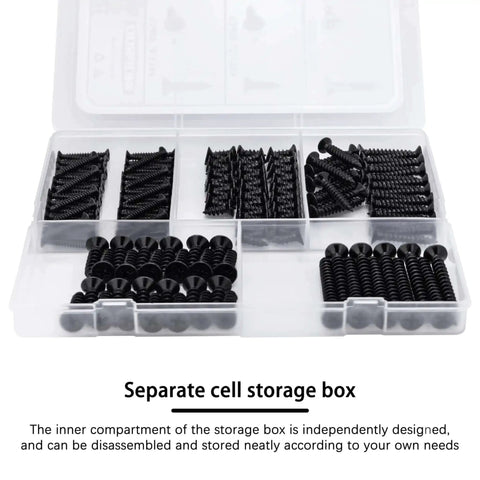 Wood Screws Assortment Kit 175 Pieces With Phillips Flat Head Self Tapping Screws In Black Zinc Plated Carbon Steel organized in a box