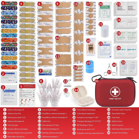 Gifts For Men Christmas Mini First Aid Kit With 144 Pieces In Water Resistant Hard Case, showing various medical supplies