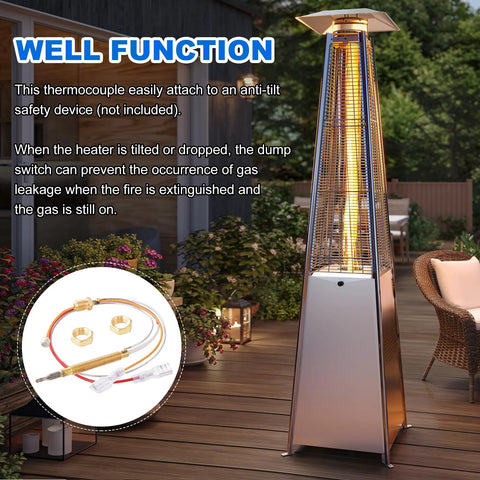 Amazon outdoor patio heater with 16.2 in thermocouple sensor kit; includes two brass nuts and M8/M6 thread fittings.