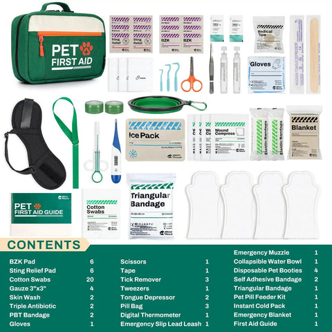 Pet First Aid Kit For Dogs And Cats With Thermometer And Disposable Booties, complete set shown with various medical supplies displayed.
