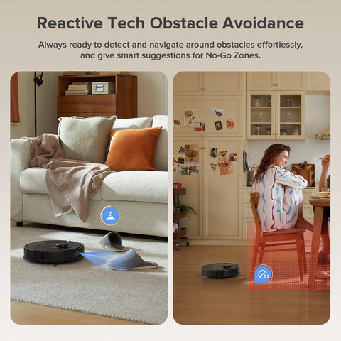Roborock Qrevo Series robot vacuum and mop, black; two-panel shot shows it cleaning living room carpet and kitchen.