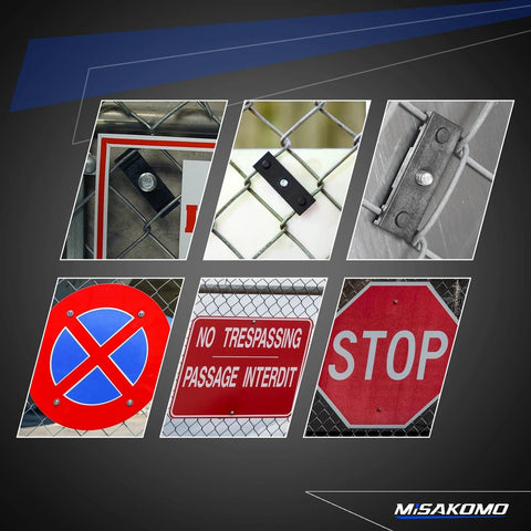 20 Piece Fence Sign Mount Kit For Chain Link Fences With Stainless Steel Brackets and Colorful Warning Signs Displayed
