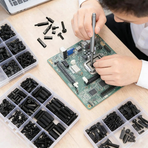 Person assembling a circuit board using the Go-To M3 Nylon Standoff Kit With 380 Pieces For PCB Mounting Including Male And Female Spacers.
