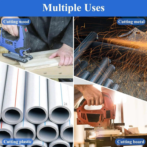 Image showing multiple uses of 10 Piece Jigsaw Blades Set With T Shank For Wood Metal And Plastic Cutting.