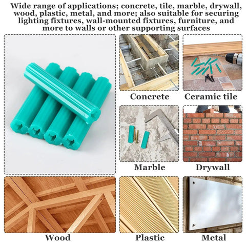 Collage showing Expanding Plastic Screw Anchors 200-Piece Green Anchor Set with 1/4 Inch Hole, and applications on various surfaces.