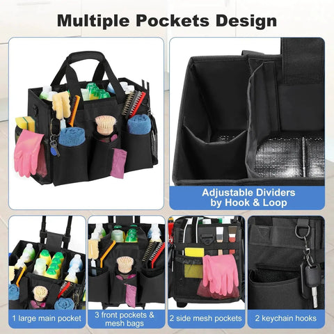Close-up of rolling cleaning caddy bag with detachable trolley, showing multiple pockets and adjustable dividers, designed for housekeepers.