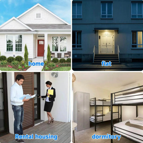 Collage of home, flat, rental housing with two people, and dormitory with bunk beds, showcasing various living spaces.