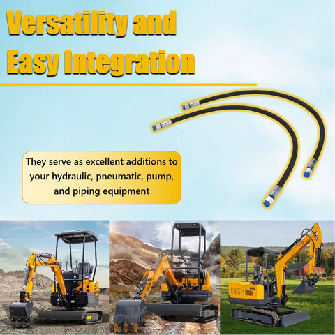 Two 32-inch black hydraulic diverter valve hoses with blue fittings for mini excavators; M14 hose, 1/4in interface.