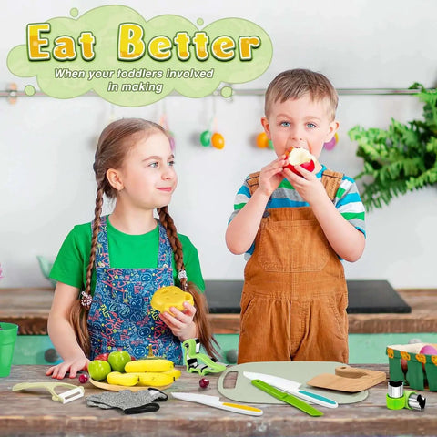 Children using the Real Cooking Kids Knife Set With 15 Piece Montessori Kitchen Tools For Safe Learning on fruits and sandwich cutters.