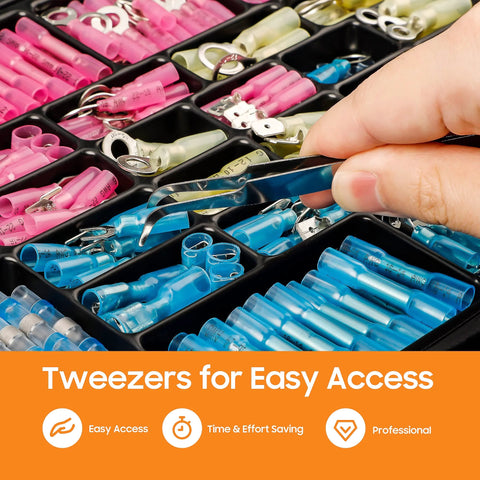 Insulated heat shrink wire connector kit with pink, blue and yellow terminals in a tray; hand using tweezers to pick a connector