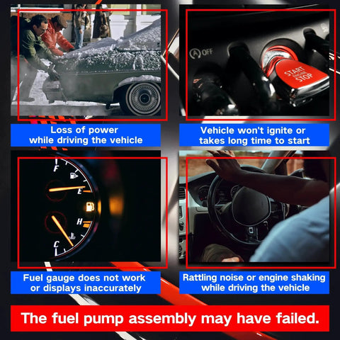 Signs of failed fuel pump: loss of power, ignition issues, fuel gauge inaccuracy, rattling noise; possible assembly failure.