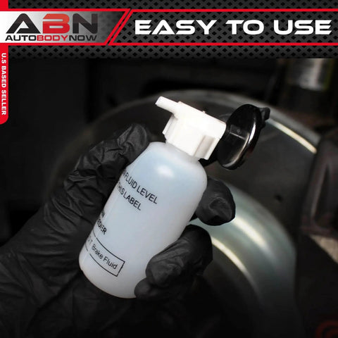 ABN One-Man Brake Bleeder Bottle with magnetic top; translucent white plastic, brake fluid level label