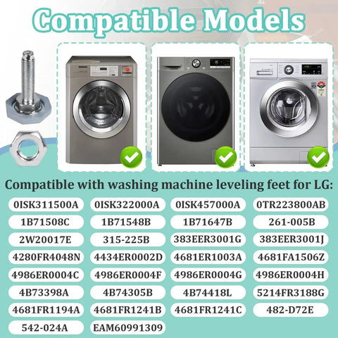 4 Pack Washing Machine Leveling Legs For LG Front Load Washers Galvanized showing compatibility with various LG washer models.