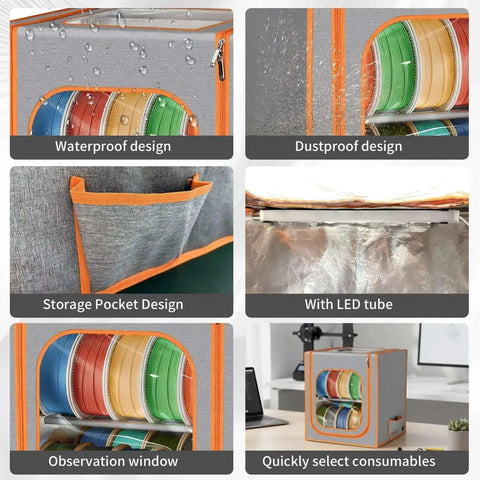 Two Tier Filament Storage Rack With Trans Cover And LED Light Strips holds up to 24 rolls, showing waterproof and dustproof designs.