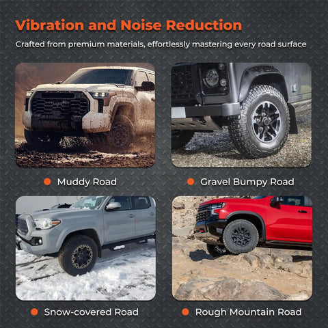Four off-road vehicles demonstrating vibration and noise reduction on muddy, gravel, snow-covered, and rough mountain roads.