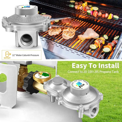 Two Stage Propane Regulator With Gauge For RVs Campers And Generators GGC near grill with food, easy installation