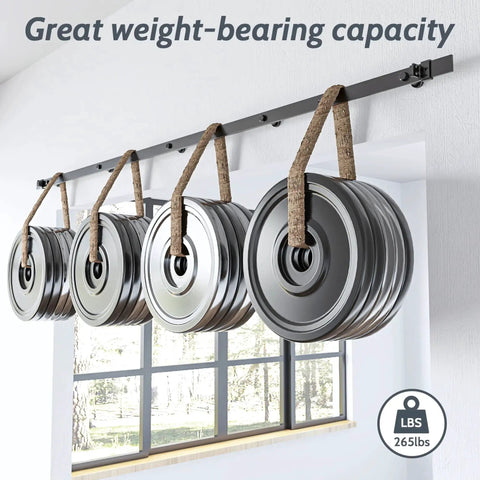 Nine Foot Single Sliding Barn Door Hardware Kit With Track For Quiet Smooth Operation, installed with weight plates