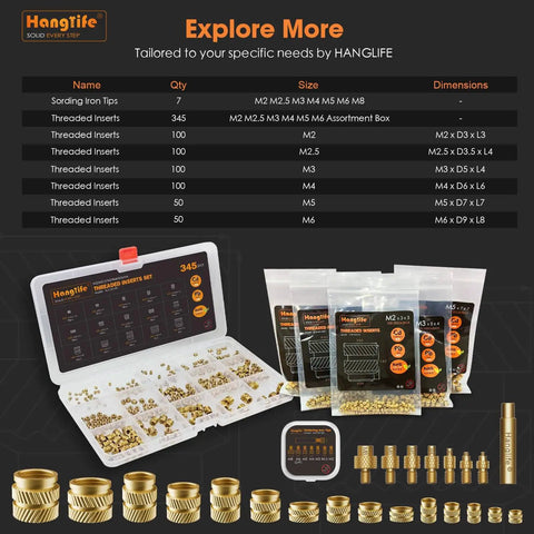 All In One Heat Set Threaded Inserts Kit For 3D Printing M2, M2.5, M3, M4, M5, M6 Brass Knurled Nuts 345-Piece Assortment Box
