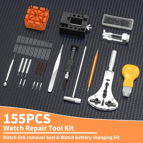 Deluxe 155 Piece Watch Repair Kit With Carrying Case Pro Grade Do It All Tools displayed on a black surface