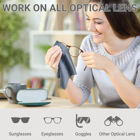 Woman cleaning glasses with Pack Of 30 Japanese Style Microfiber Glasses Cleaning Cloths For Eyewear, showcasing lens-safe use.