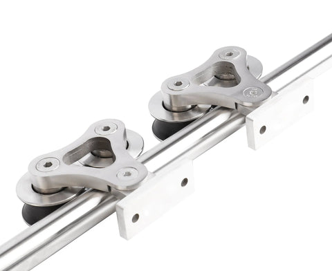 Apex Stainless Steel Sliding Barn Door Hardware Kit 8 Foot Track Double Door Kit with top mount rollers on a polished rail.