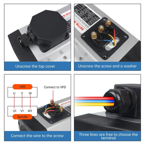 Close-up of wiring diagram and connections for Square Two Point Two Kilowatt 220V Air Cooled CNC Spindle Motor Kit VFD drive setup