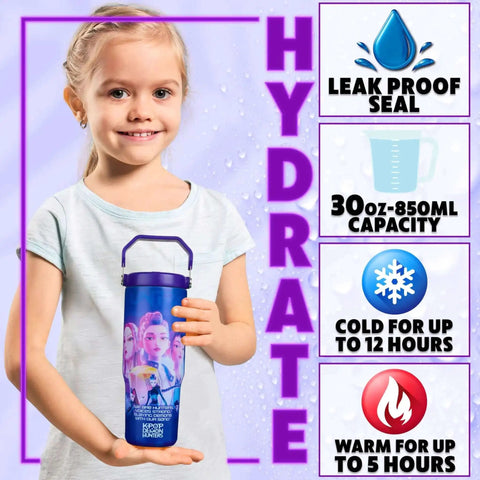Girl holding Demon Hunters 30 Ounce Tumbler With Straw And Handle For Girls Teens Insulated Stainless Steel Travel Mug, features highlighted