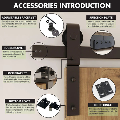 108 Inch Black Rustic Bi Folding Sliding Barn Door Hardware Kit For Four Doors Heavy Duty Quiet Operation Easy To Install