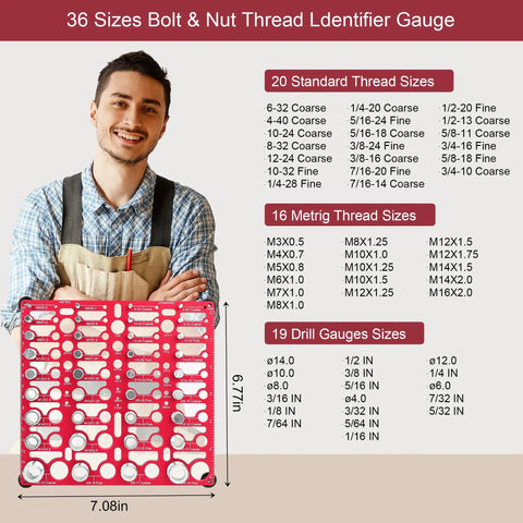 All In One Bolt Thread Checker Gauge Kit For Imperial And Metric Sizes Identifies 20 Standard Threads And 16 Metric Sizes Wall Mountable With Drill Bit Gauge Red displayed with user holding for size reference.