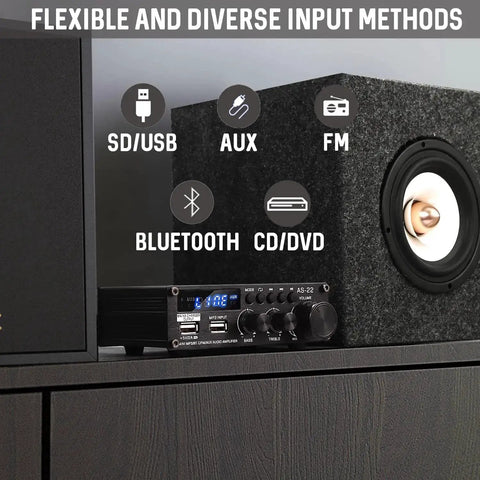 Dope Little Power Amplifier For Home Audio With 2 Channel Bluetooth 300W Max Output Compact USB RCA FM AUX Receiver Five Point Zero Wireless