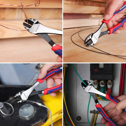 Eight Inch High Leverage Diagonal Pliers For Wire Cutting With Precision Bevel Edges And Built Tough Pro Grade Chrome Vanadium Steel Construction Perfect For Electricians And Hobbyists Workpro shown cutting copper and aluminum wires in various settings