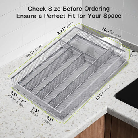 Five Compartment Mesh Silverware Drawer Organizer With Non Slip Foam Feet on kitchen countertop showing measurements for fit