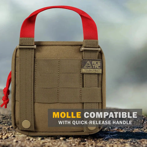 Beefy 180 Piece Tactical First Aid Kit With IFAK MOLLE Pouch, brown nylon with red handle, for outdoor adventures.