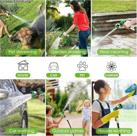 Person using Ultra Lightweight 150 Feet Garden Hose Non Expandable With 10 Pattern Nozzle for pet showering, garden watering, and car washing.