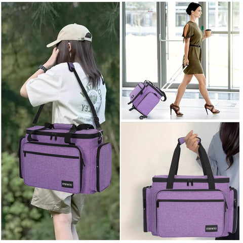 Portable Sewing Machine Case With Wheels And Shoulder Strap, Universal Rolling Trolley Tote in use, shown in purple.