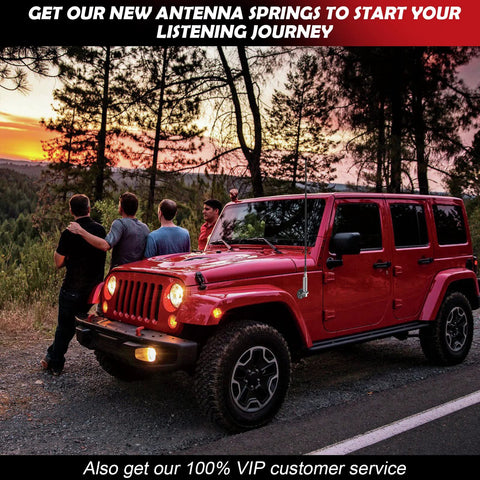 Marketty SS-3H CB antenna spring, stainless steel, mounted on a red Jeep Wrangler.