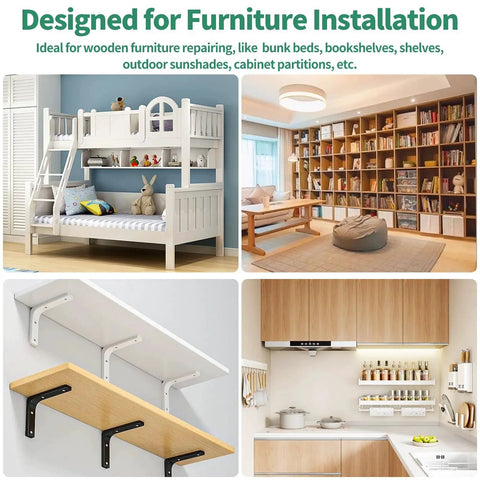 All Purpose Stainless Steel Dowel Pins And Compression Springs Kit 370Pcs For M2 To M5 Sizes 304 Grade Pins and Springs used in furniture installation, showcasing bunk beds, bookshelves, and cabinets.