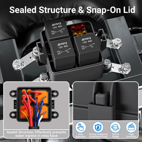 12V Three Way Waterproof Relay Box With Pre Wired Fuses And Relays, sealed structure, 3x4 pin 40A relay, car truck boat use