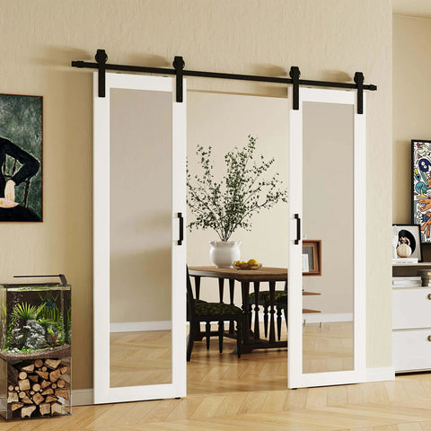 60 Inch Wide Mirror Sliding Barn Door Set With Two 30 Inch Panels, 84 Inch Tall, Full Length Mirror Insert, Includes 2 By 6 Foot Sliding Hardware Kit, Pre Drilled MDF White Finish, installed in modern home.