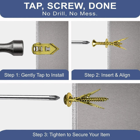 Installation steps of 120 Piece Self Drilling Drywall Anchors With Screws Kit In Zinc Plated Steel on a drywall surface.