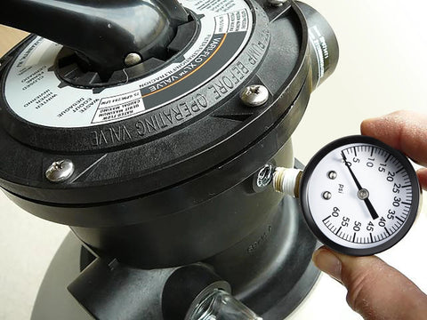Aquatix Pro pool filter pressure gauge with 2-in dial, 0-60 psi, bottom-mount 1/4 in, installed on a filter housing.