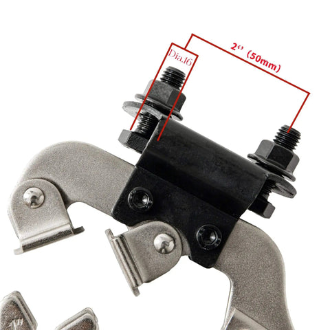 Close-up of the Beefy 10 Inch Locking Welding Clamp With Swivel V Type Pads and Installing Support for Table Mounting.