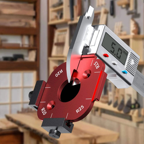 Pro Grade Router Templates And Jigs For Woodworking With Edge Guide And Corner Radius Templates For Routers R10 Through R50 In Aluminum Alloy Set For Precision Routing shown with caliper in workshop