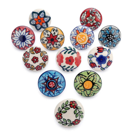 Set Of 12 Multicolor Ceramic Knobs Hand Painted For Cabinets, Furniture, Doors And Drawers 2.55 Inch Height And 1.5 Inch Diameter